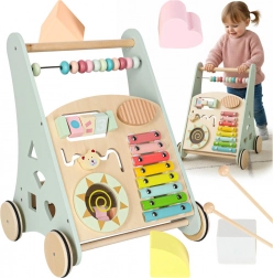 drevené chodítko tlačidlo s aktivitami a počítadlom, modré