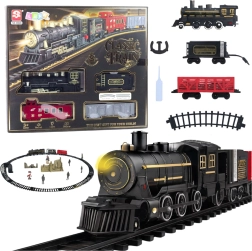 Elektrická vláčiková sada s parnou lokomotívou, vozňami a koľajami so svetlom