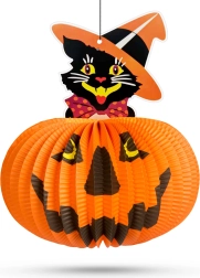 Halloweensky papierový lampión tekvica s motívom mačky – 1 kus
