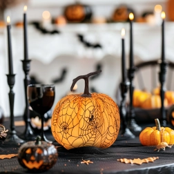 Halloweenska dekoračná tekvica s pavučinou 16,5 cm