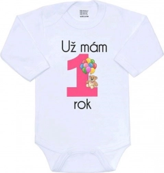 Dojčenské body s potlačou New Baby Už mám 1 rok, ružové, vel. 86