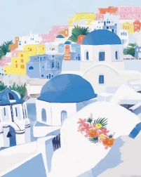 Diamantové maľovanie Modré strechy v Santorini 30 × 40 cm