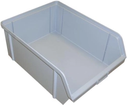 Skosená úložná bednička 150 × 100 × 70 mm, 3 kg, sivá, plast