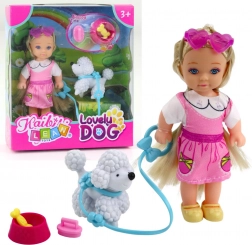 Mini bábika so psíkom na vodítku a miskou s kosťou