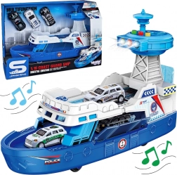 interaktívna policajná hliadková loď 1:16 + 3 kovové autíčka – Woopie