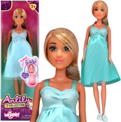 WOOPIE bábika Lily tehotná s bábätkom v modrých šatách