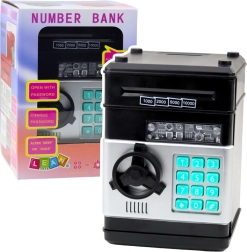 čierny sejf sklenená pokladnička s PIN kódom a svetelnými a zvukovými efektmi