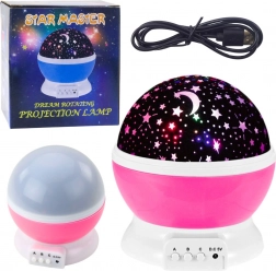 Otočná LED lampička a projektor hviezd 360° – ružová