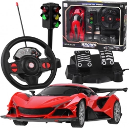 RC športové auto s volantom, pedálmi a semaforom 1:16 – Červená
