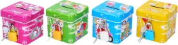Plechová pokladnička so zámkom kocka 6,5 × 6 cm, viac farieb