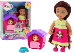 Mini bábika s dlhými vlasmi a pestrofarebnou sukničkou so psíkom a búdou