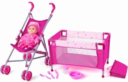 WOODY Detská súprava s kočíkom a postieľkou