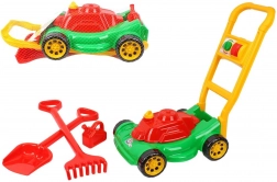 detská plastová kosačka na trávu s doplnkami v sieťke