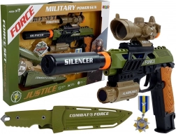 Vojenský hračkársky set s pištoľou, nožom a medailou so svetlami a zvukmi