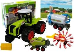 Farmárska sada vozidiel s traktorom, cisternou, obracačom sena a lisom
