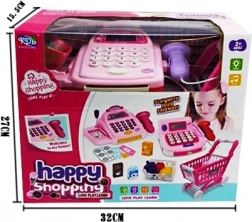 Pokladňa so supermarketovým vozíkom a nákupmi