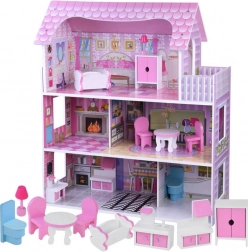 Ružový drevený domček pre bábiky s nábytkom a LED osvetlením