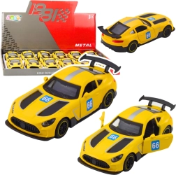 Kovové závodné autíčko 1:43 s naťahovacím pohonom a otváracími dverami – žlté
