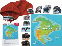 Severná Amerika a jej zvieratá – drevené puzzle 16 dielikov a 10 zvierat