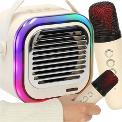 Karaoke set s Bluetooth reproduktorom 10 W, 2 bezdrôtové mikrofóny a RGB LED – krémový