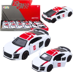 Kovový športový voz 1:43 s pull-back pohonom a otváracími dverami – biely