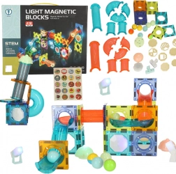 Magnetické stavebné kocky so svietiacim guľôčkovým toboganom – 49 prvkov