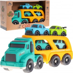 Interaktívny ťahač s plošinou a 4 autíčkami z bioplastu pre deti od 18 mesiacov – žltá