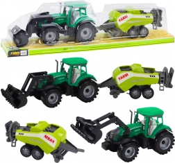 Zelený traktor s nakladačom a kompatibilným lisom na balíky