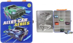 Plechová krabička na autíčka so sadou 6 kovových vozidiel na spätný chod