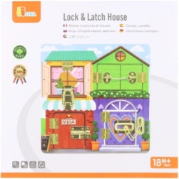 Drevená manipulačná tabuľa domček Montessori so zámkami a západkami