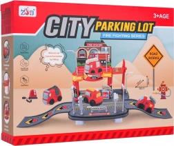 Hasičská garáž s mäkkým autíčkom – dvojposchodové parkovisko pre deti