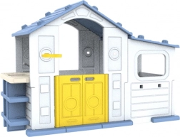 Veľký detský domček s predsieňou, basketbalovým košom a drezom – modrá strecha