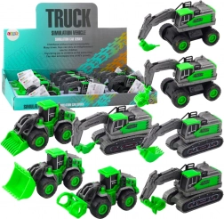 Stavebné vozidlo s natahovacím pohonom – mini bager, nakladač alebo buldozér, zelené