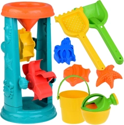 Veľká sada piesočných hračiek s vedierkom, hrabličkami a vodným kolesom