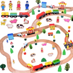 Drevená vláčiková dráha s lokomotívou a figúrkami