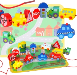 Drevené navliekacie kocky – vozidlá a dopravné značky s hernou podložkou