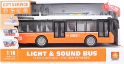 Oranžový hrajúci a svietiaci trolejbus na batérie