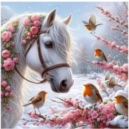 Diamantová mozaika - Kôň v zime s červienkom
