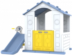 Detský záhradný domček s modrou strechou, šmykľavkou a basketbalovým setom