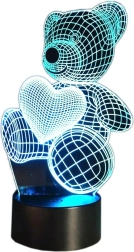 Nočná LED lampička Medvedík 3D srdce RGB s diaľkovým ovládaním