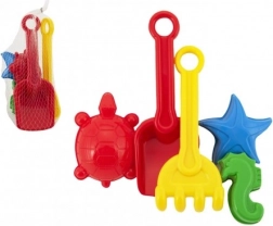 Plastová sada na piesok s lopatkou, hrabličkami a formičkami v sieťke