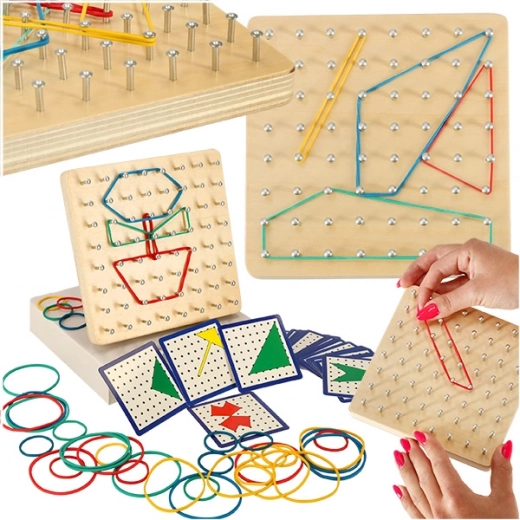 Drevený geoboard – vzdelávací geoplán s farebnými gumičkami a kartami vzorov