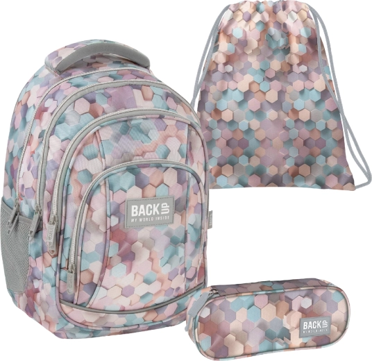 Školský set BackUP geometric beige 3v1 – batoh, peračník a vak