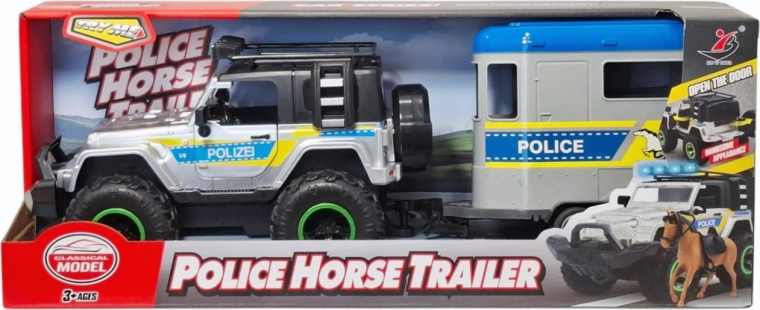 Policajné terénne auto s prívesom pre kone so svetlom a zvukom