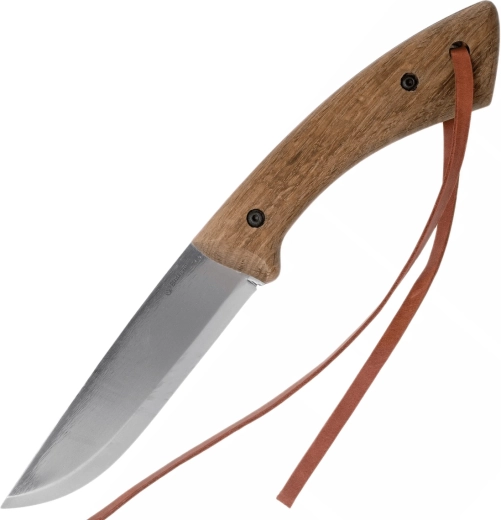 Bushcraft nôž z uhlíkovej ocele s rukoväťou z impregnovaného orecha a koženým puzdrom