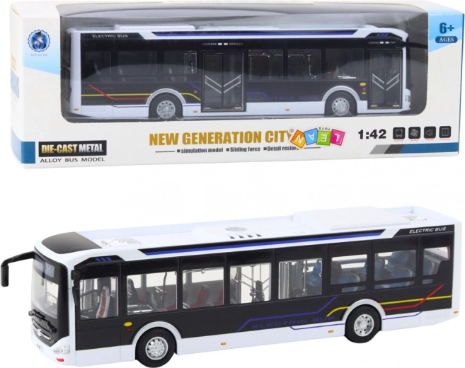 Kovový mestský autobus so svetlami a zvukmi 1:42 biely