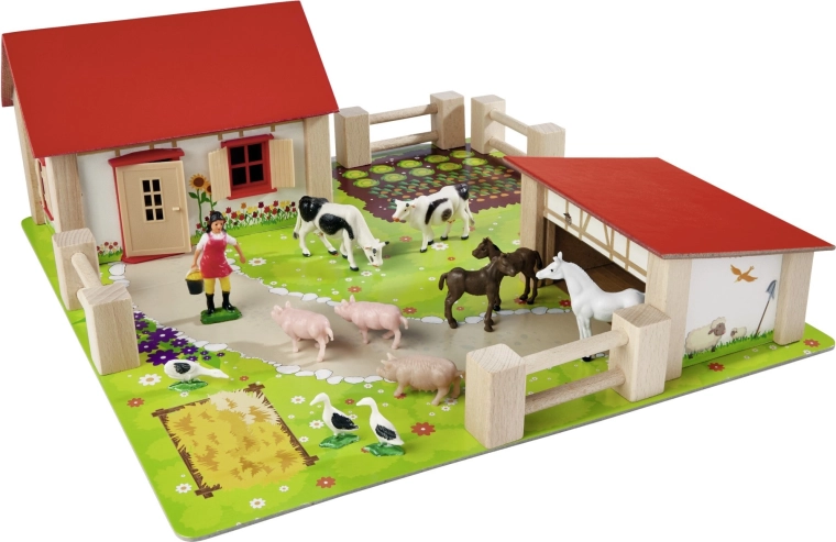 Stabilné drevené budovy s červenou strechou