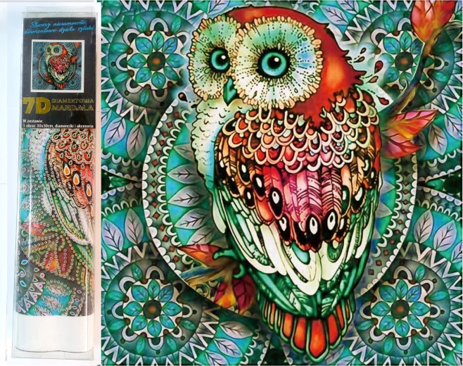 Diamantové maľovanie 7D – sova na modrej mandale 30 × 30 cm