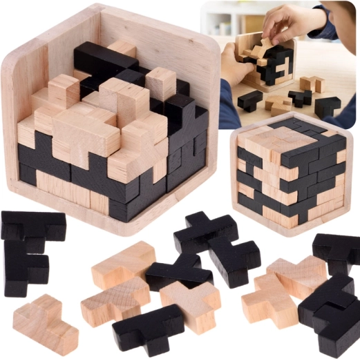 Drevená 3D logická kocka Tetris čierno-prírodná