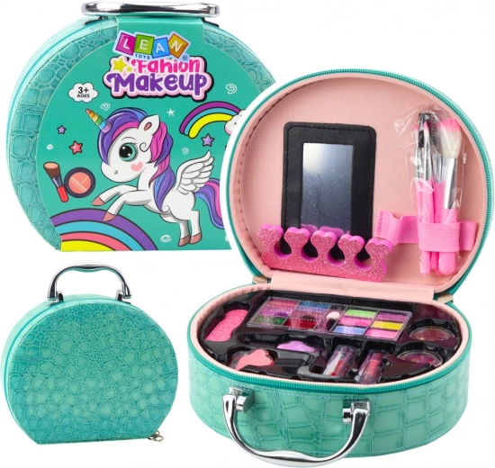 Detská sada na líčenie a nechty v tyrkysovej kozmetickej taštičke